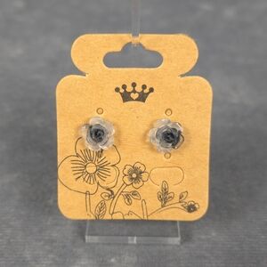 Black & Gray Rose Flower Earring Stainless Steel Post Butterfly/Silicone Backs